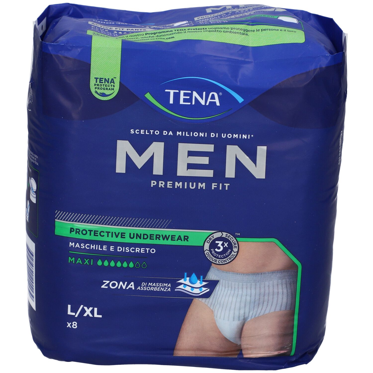 TENA MEN Premium Fit, L/XL, 8 pezzi. Confezione con immagine del prodotto e informazioni.