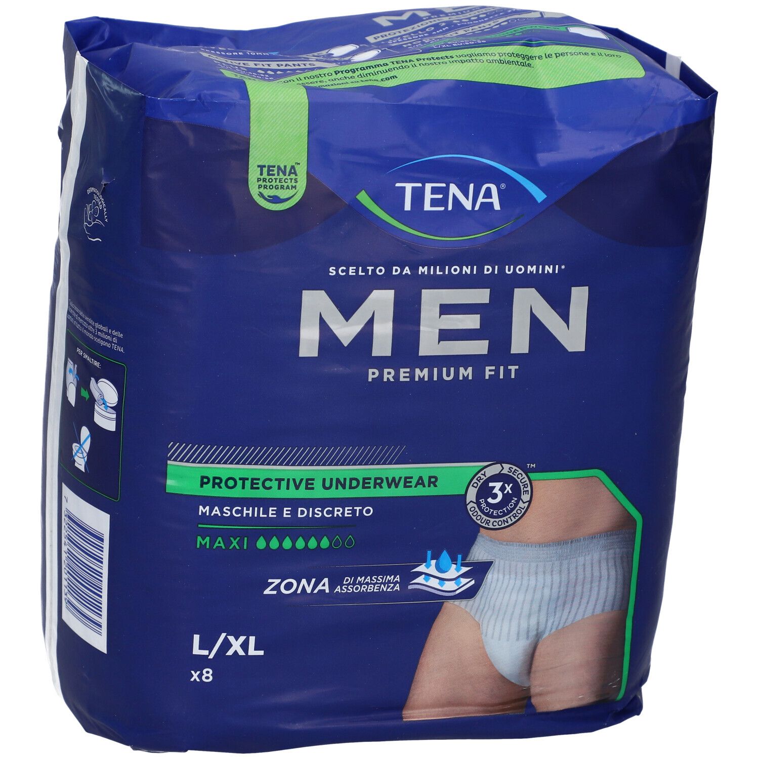 TENA MEN Premium Fit, L/XL, 8 pezzi. Confezione con immagine del prodotto e informazioni.