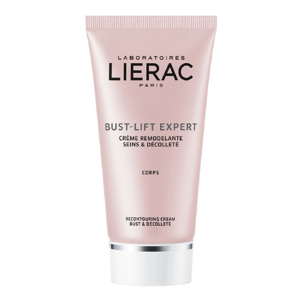 Tubo rosa con tappo bianco. Scritta: LIERAC PARIS, BUST-LIFT EXPERT, Crème remodelante seins & décolleté.