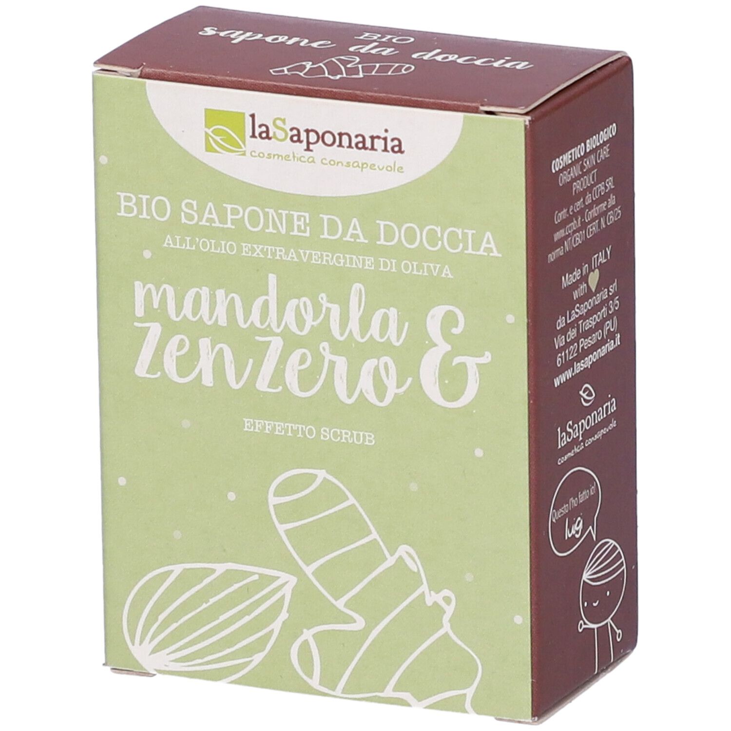 Scatola con scritta "BIO SAPONE DA DOCCIA". Illustrazioni di mandorle e zenzero. Sfondo verde.