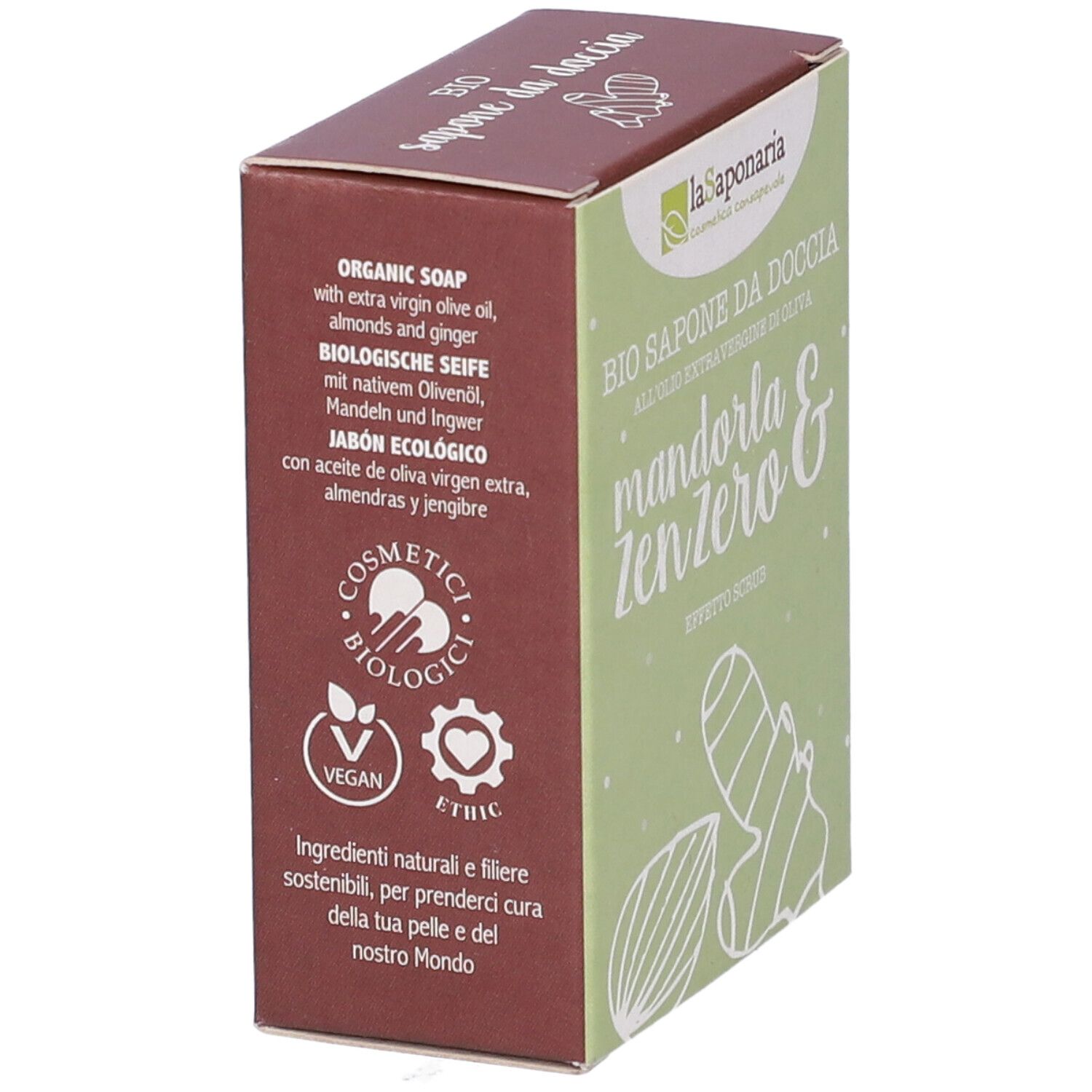 Scatola con testo "ORGANIC SOAP" e "BIOLOGISCHE SEIFE". Sigilli Vegan e Ethic. Colori marrone e verde.