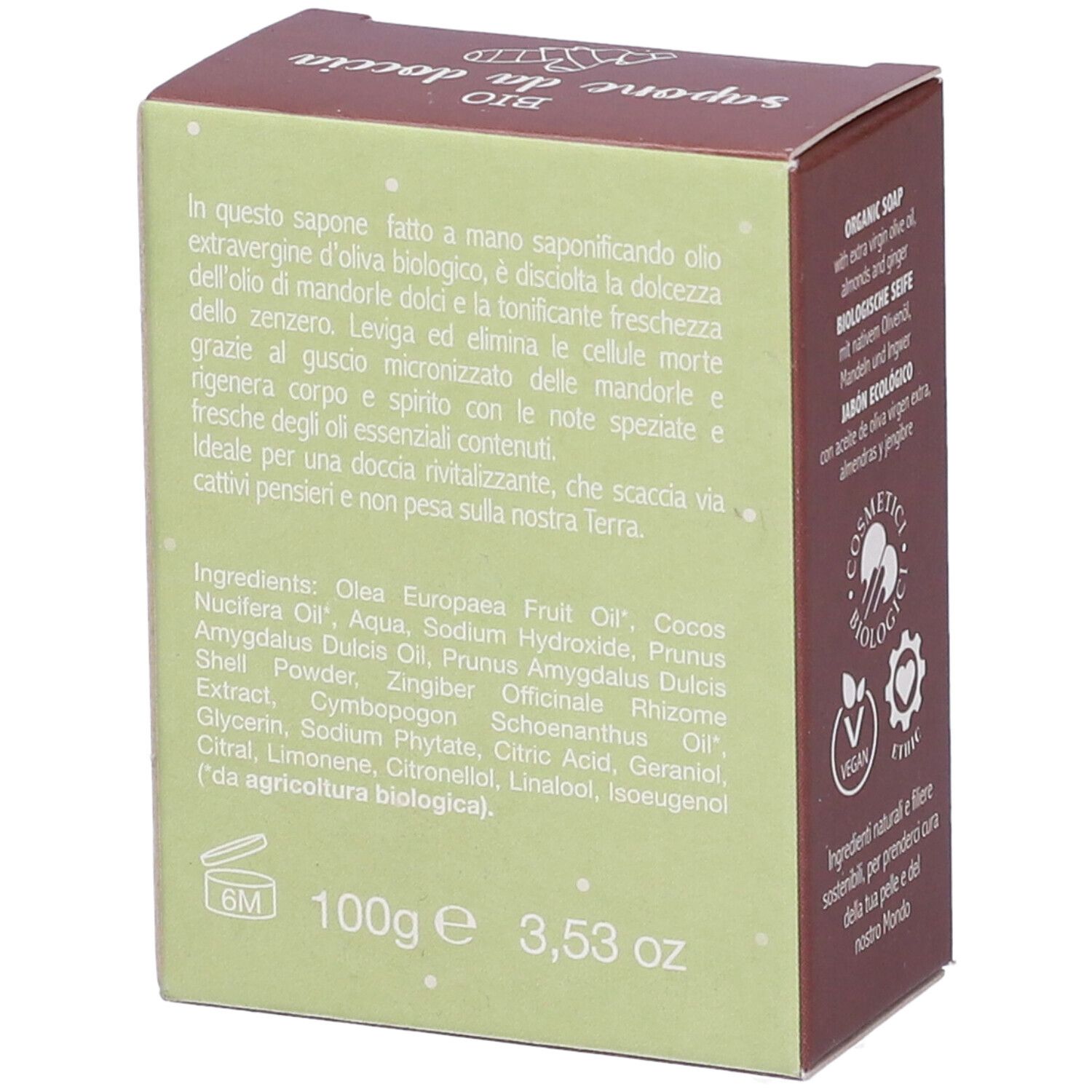 Scatola con testo e ingredienti. Contiene 100g. Sfondo verde con lati marroni. Testo in italiano.