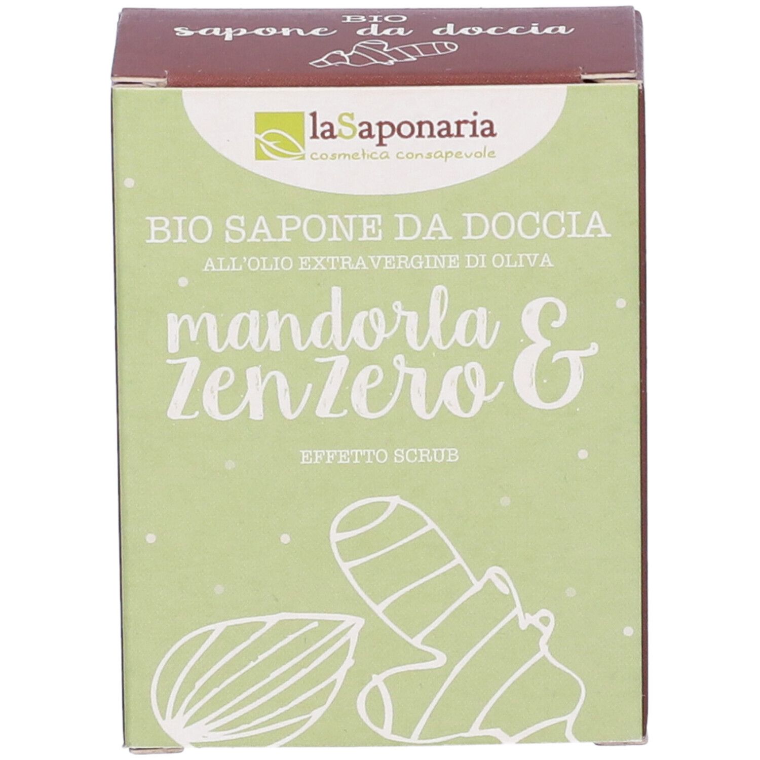 Scatola con scritta "BIO SAPONE DA DOCCIA". Illustrazioni di mandorle e zenzero. Sfondo verde.