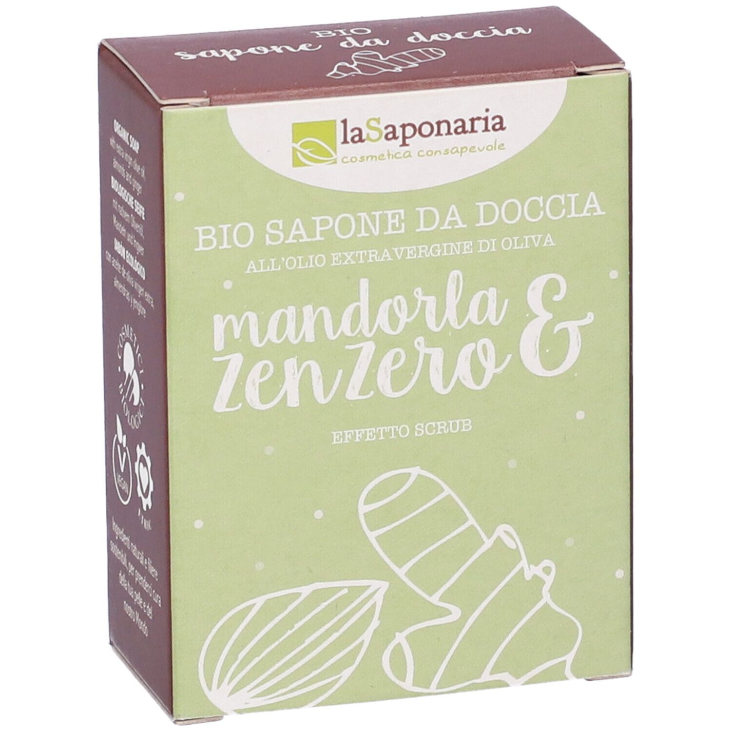 Scatola con scritta "BIO SAPONE DA DOCCIA". Illustrazioni di mandorle e zenzero. Sfondo verde.