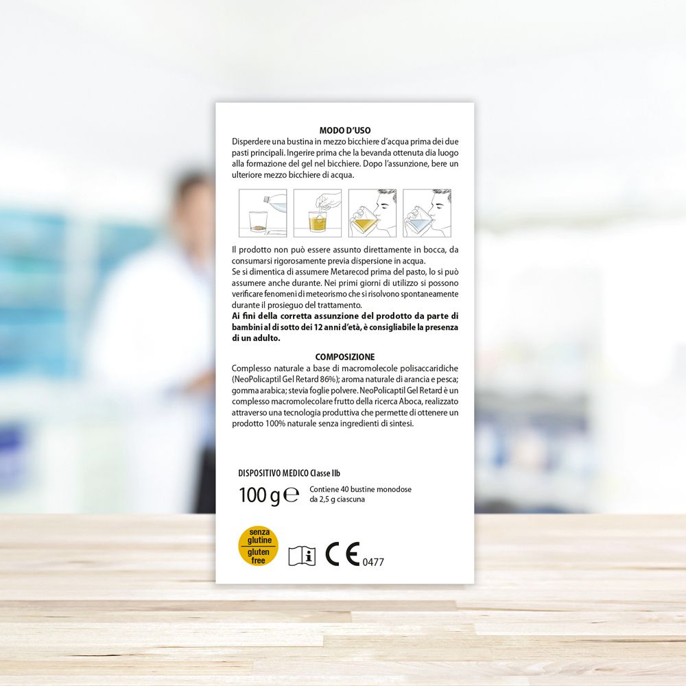 Rückseite der Verpackung von Metarecod. Informationen zur Anwendung und Zusammensetzung. Glutenfrei-Symbol.