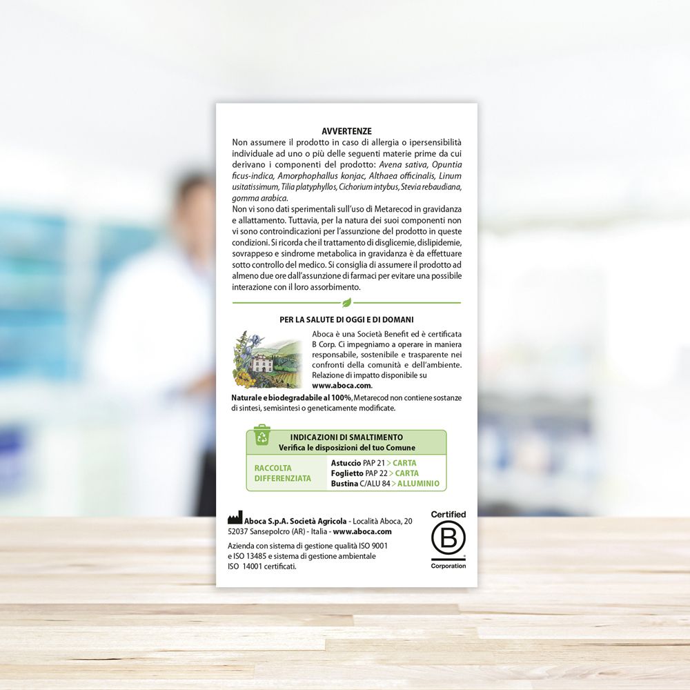 Rückseite der Verpackung von Metarecod. Warnhinweise und Informationen zur Entsorgung. Aboca-Logo.