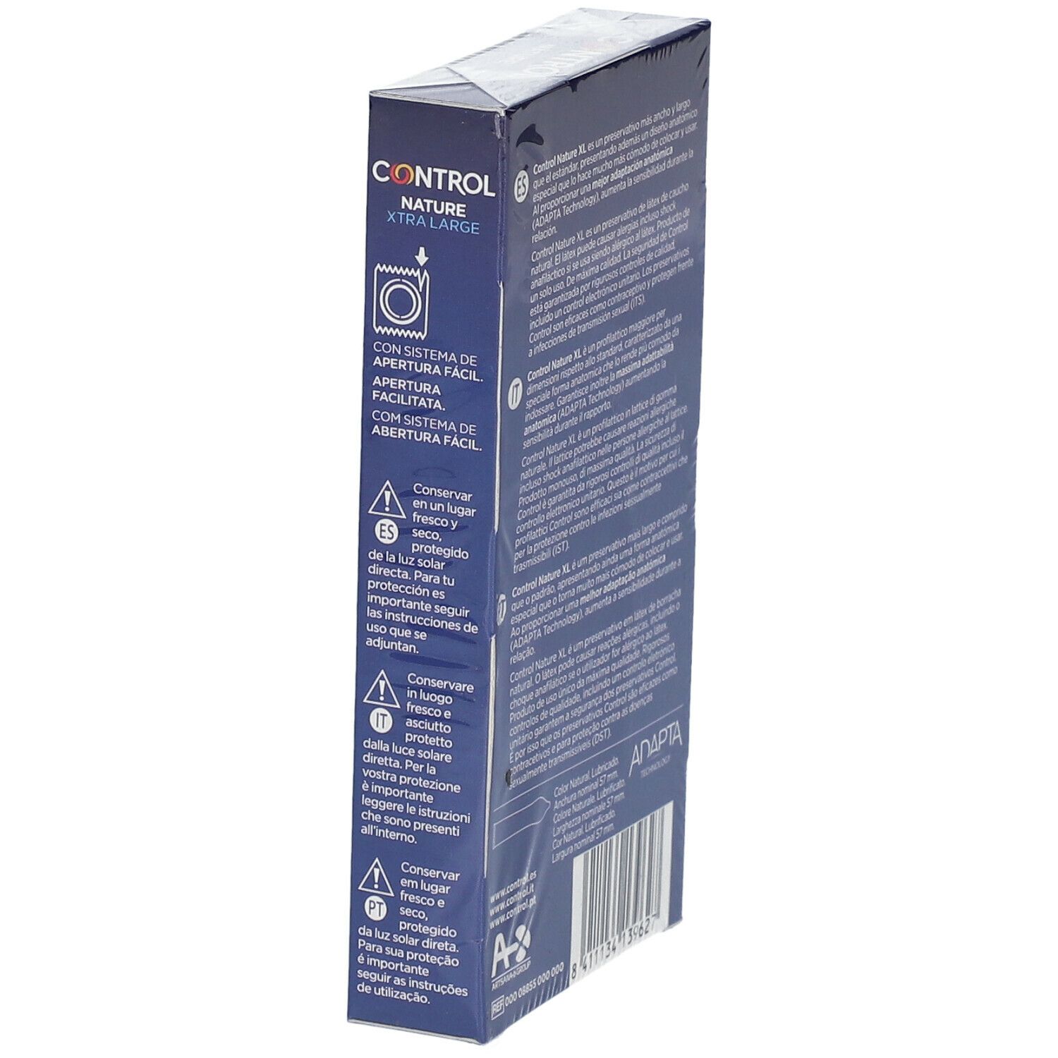 Lato della scatola "CONTROL Nature Xtra Large". Testo e simboli. Contiene 6 profilattici. Taglia XL.