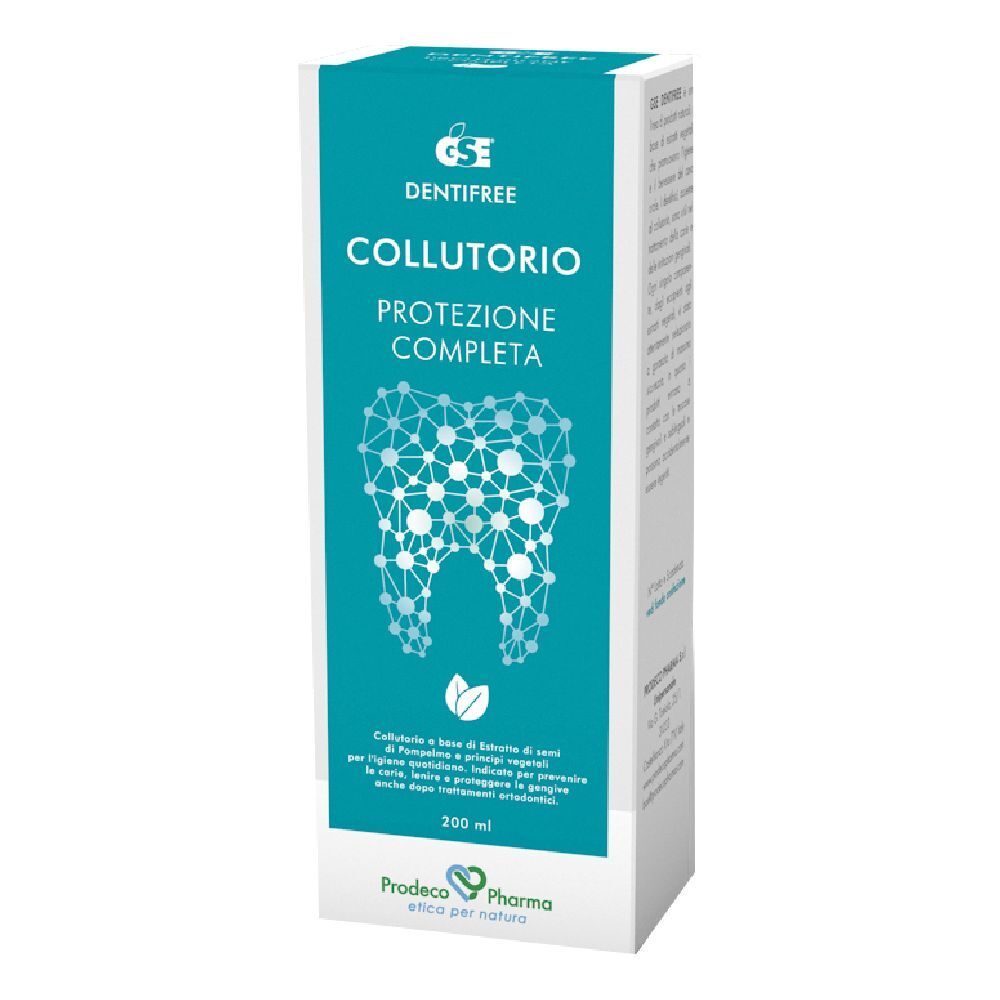 Confezione collutorio. Scatola bianca con stampa blu. Nome del prodotto e illustrazione del dente.