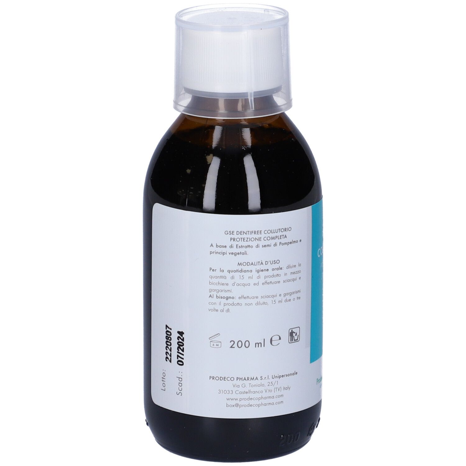 Flacone marrone con tappo bianco. Etichetta con informazioni sul prodotto. 200 ml.