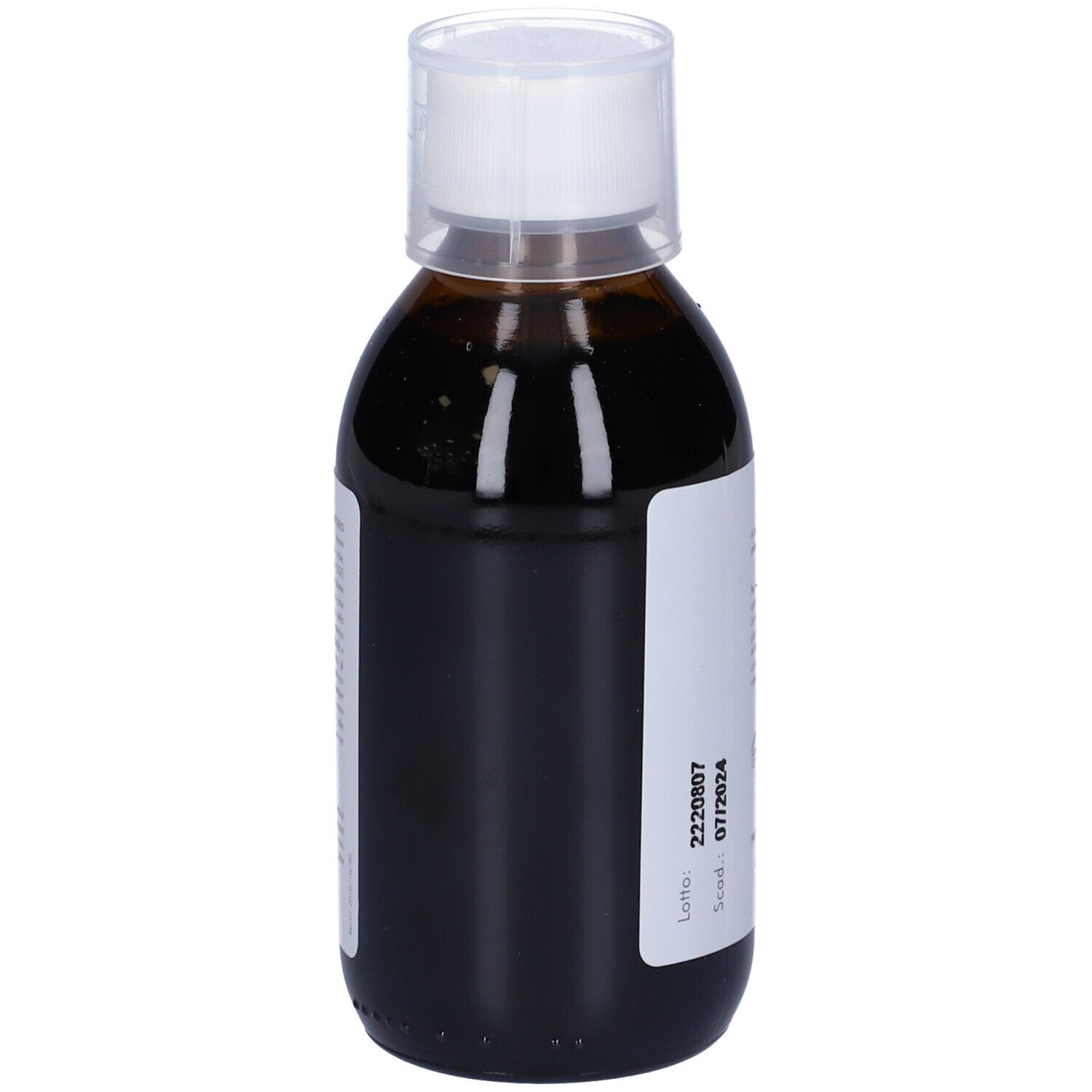 Flacone marrone con tappo bianco. Etichetta con informazioni sul prodotto. 200 ml.