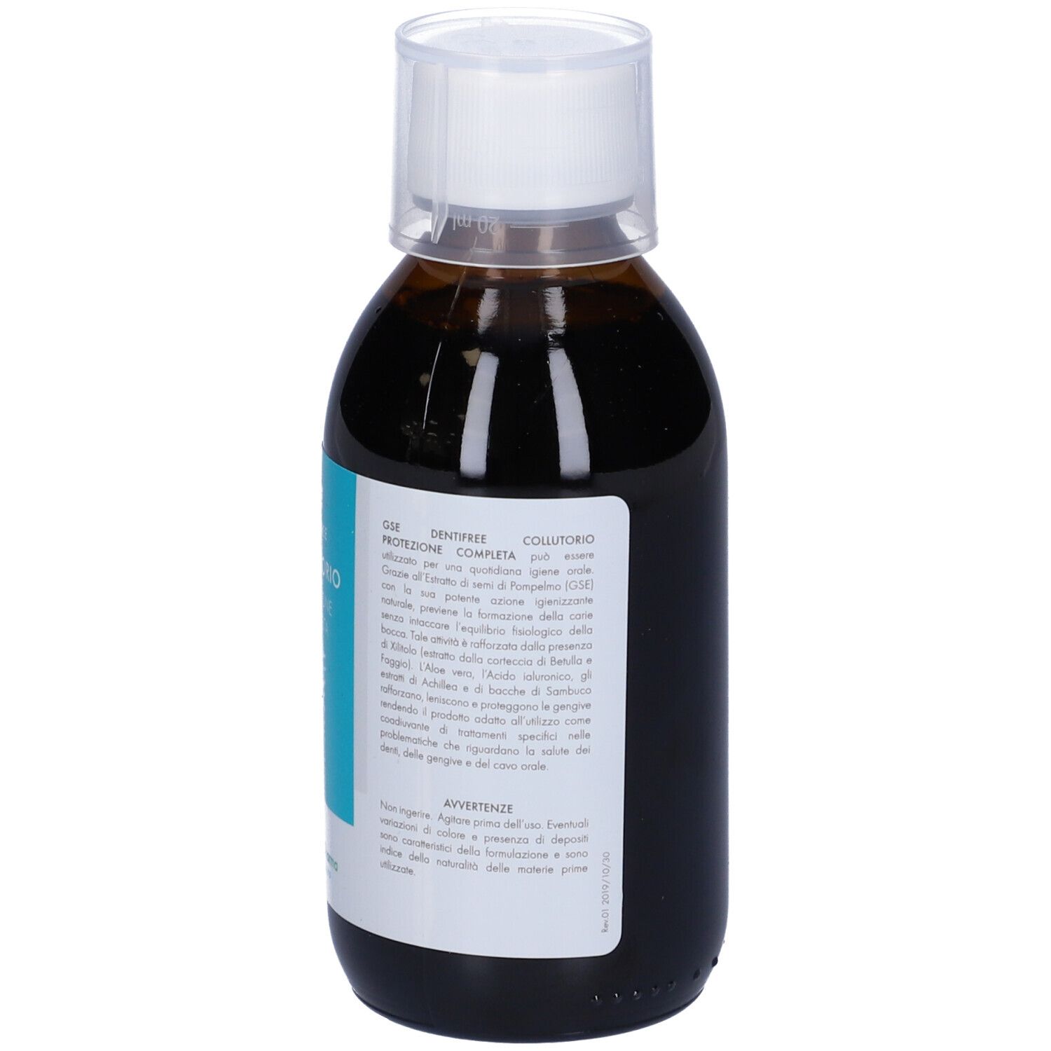 Flacone marrone con tappo bianco. Etichetta con informazioni sul prodotto. 200 ml.