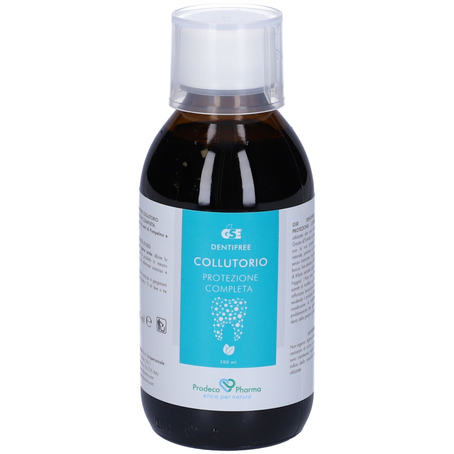 Flacone marrone con tappo bianco. Etichetta con informazioni sul prodotto. 200 ml.