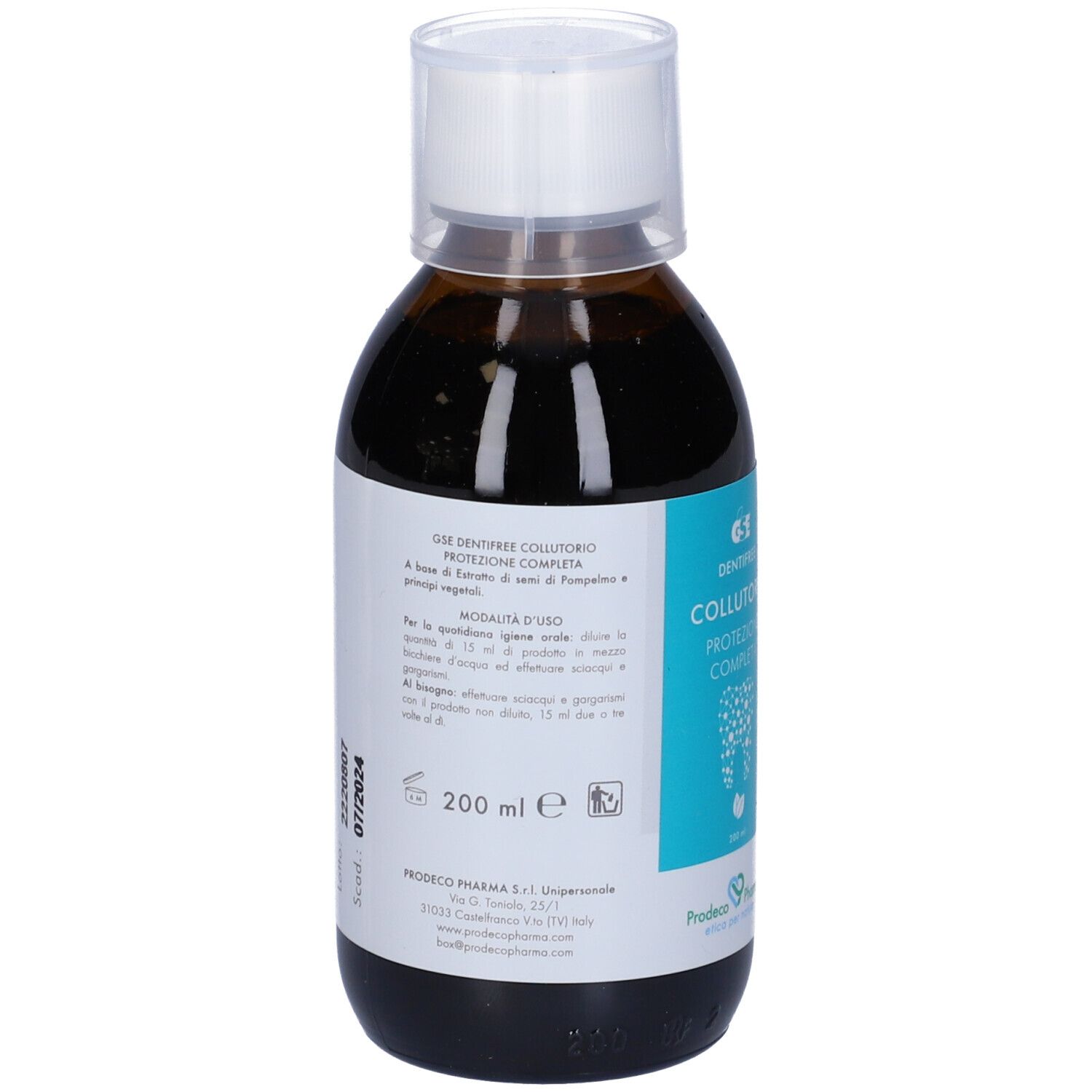 Flacone marrone con tappo bianco. Etichetta con informazioni sul prodotto. 200 ml.