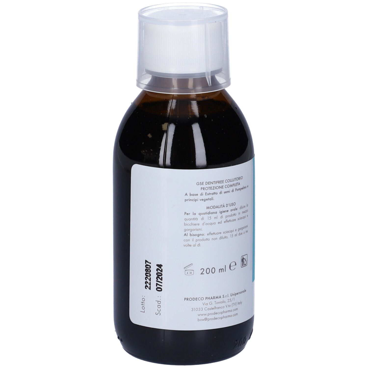 Flacone marrone con tappo bianco. Etichetta con informazioni sul prodotto. 200 ml.