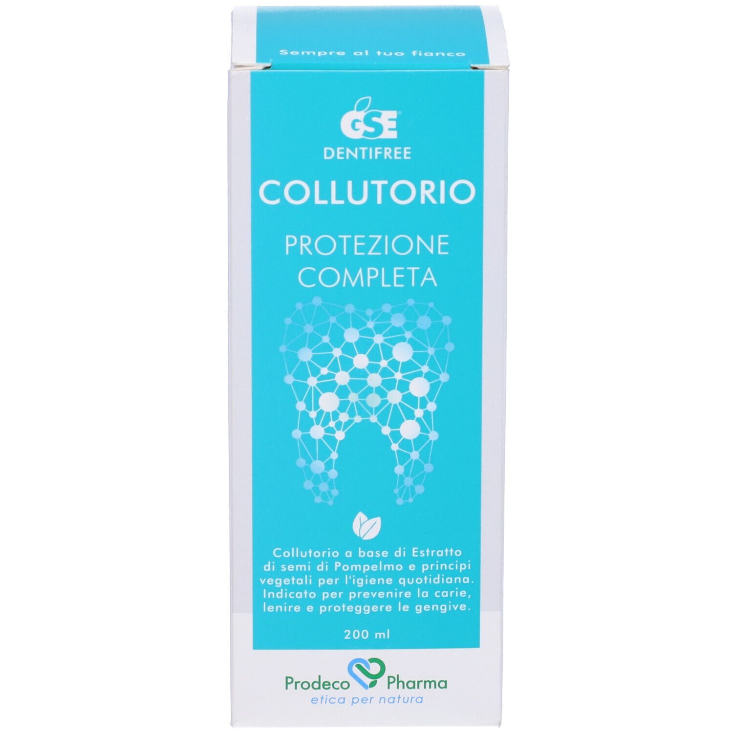 Confezione del prodotto. Scatola bianca con stampa blu. Nome del prodotto e illustrazione del dente. 200 ml.