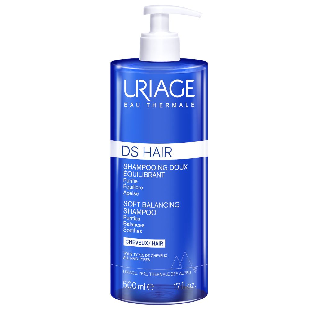 Flacone blu con dosatore bianco. Scritta: URIAGE, DS HAIR, Soft Balancing Shampoo. 500 ml.
