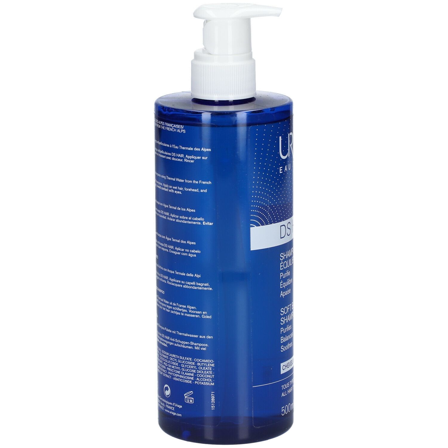 Flacone di shampoo blu con dosatore bianco. Scritta: URIAGE, DS HAIR, Soft Balancing Shampoo. 500 ml.