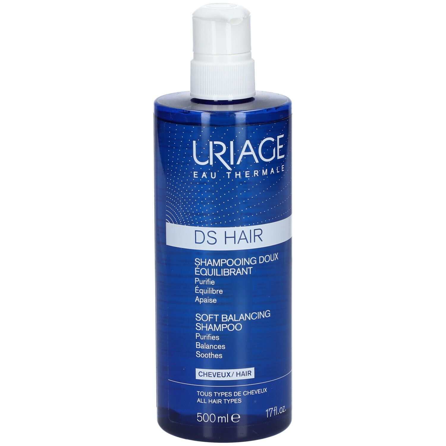 Flacone di shampoo blu con dosatore bianco. Scritta: URIAGE, DS HAIR, Soft Balancing Shampoo. 500 ml.