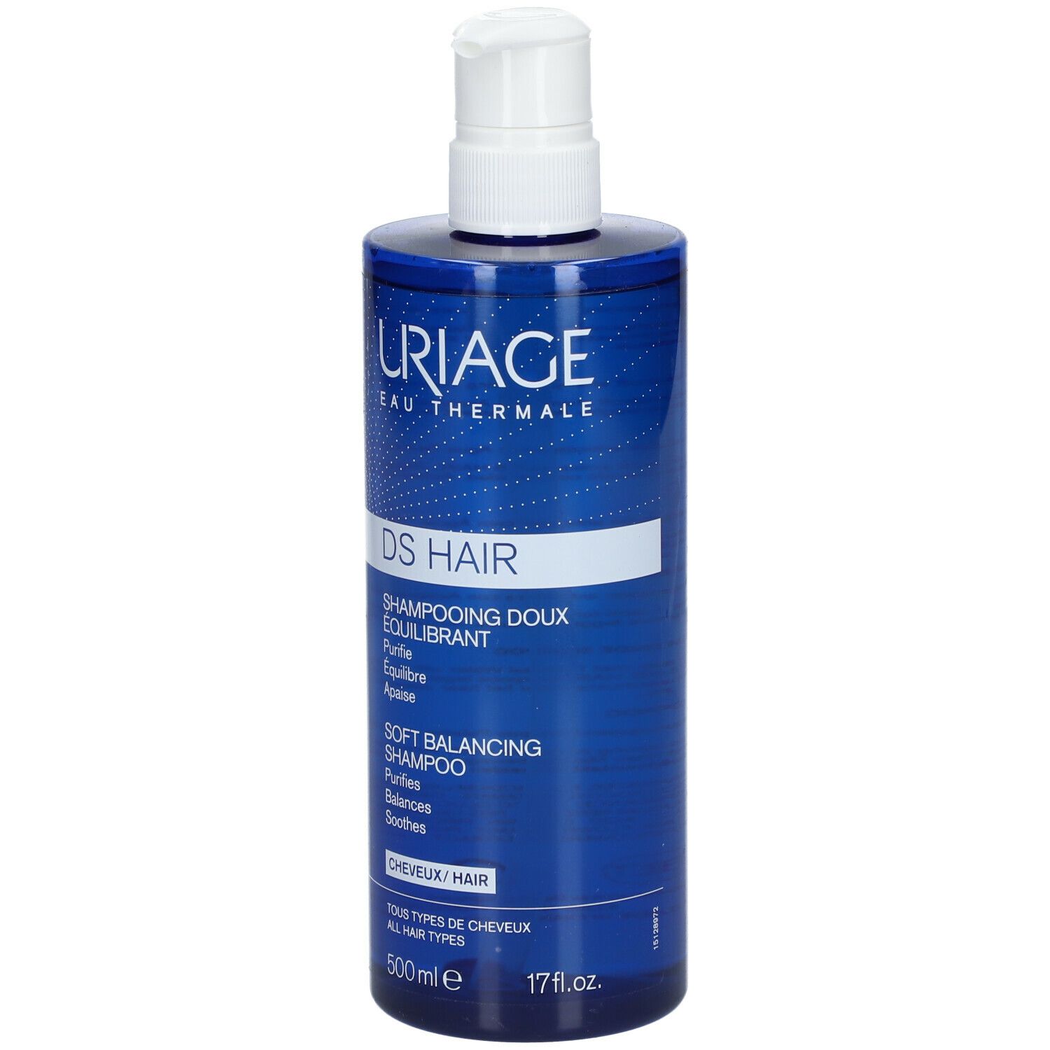 Flacone di shampoo blu con dosatore bianco. Scritta: URIAGE, DS HAIR, Soft Balancing Shampoo. 500 ml.