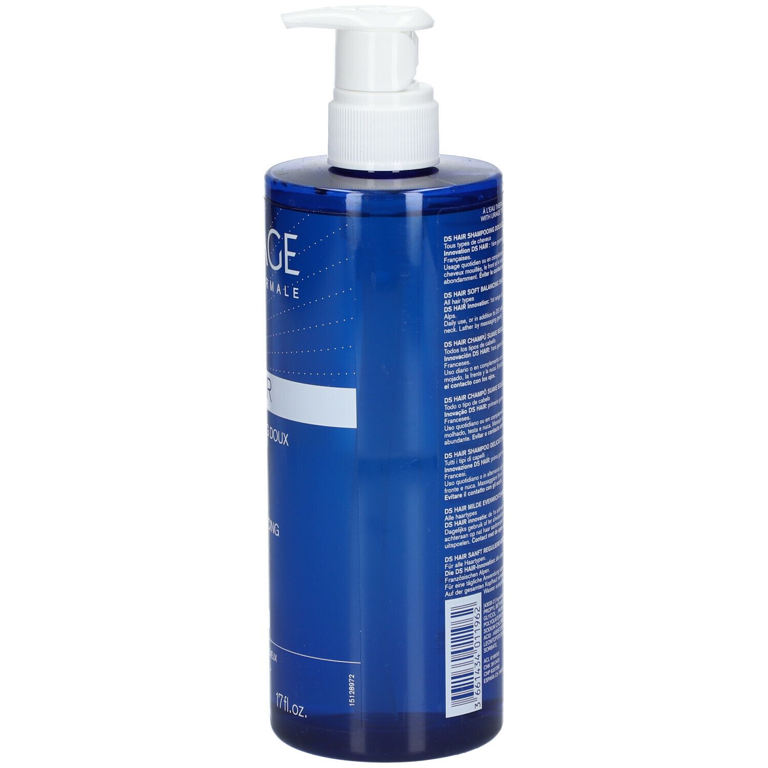 Retro di un flacone di shampoo blu. Testo multilingue. Scritta: URIAGE, DS HAIR, Soft Balancing Shampoo.