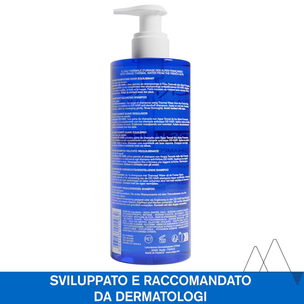 Retro di un flacone di shampoo blu. Testo multilingue. Scritta: URIAGE, DS HAIR, Soft Balancing Shampoo.