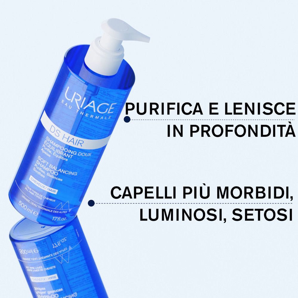 Due flaconi di shampoo blu. Scritta: URIAGE, DS HAIR, Soft Balancing Shampoo. Testo: Purifica e lenisce in profondità.