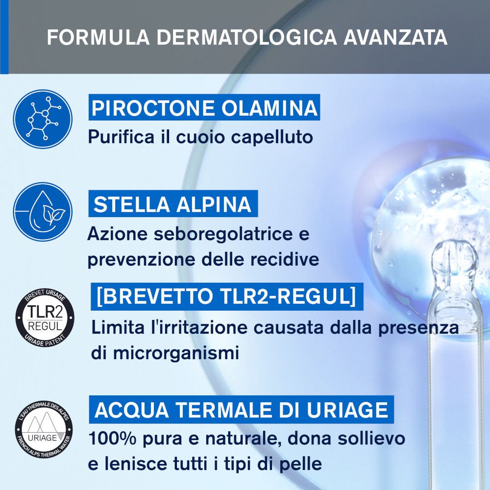 Grafica con ingredienti. Testo: Piroctone Olamina, Stella Alpina, [BREVETTO TLR2-REGUL], Acqua Termale di Uriage.