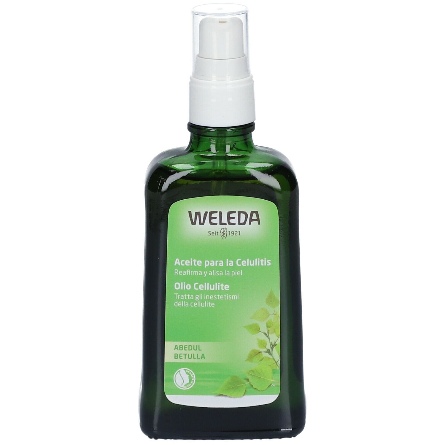 Flacone di vetro verde con vaporizzatore. Nome e logo del prodotto visibili.