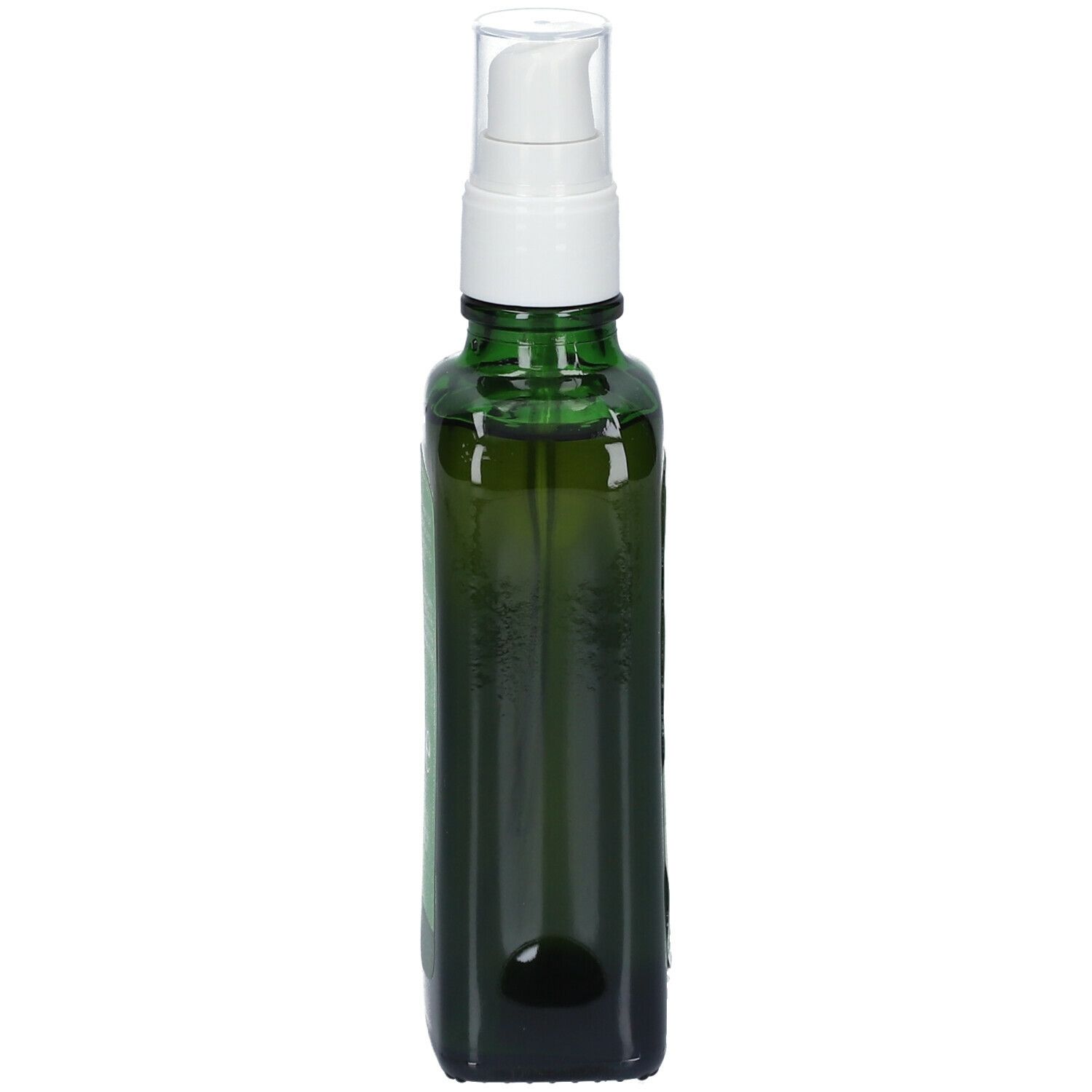 Flacone di vetro verde con vaporizzatore. Nome e logo del prodotto visibili.