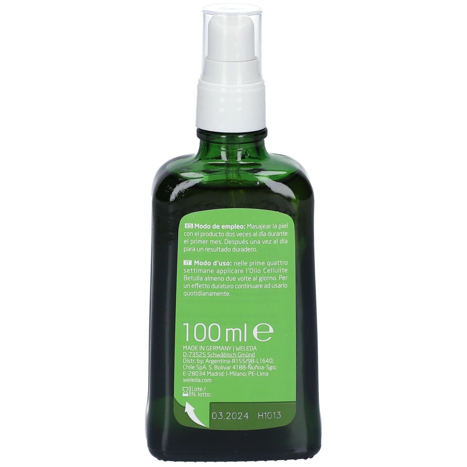 Flacone di vetro verde con vaporizzatore. Retro con testo. 100ml.