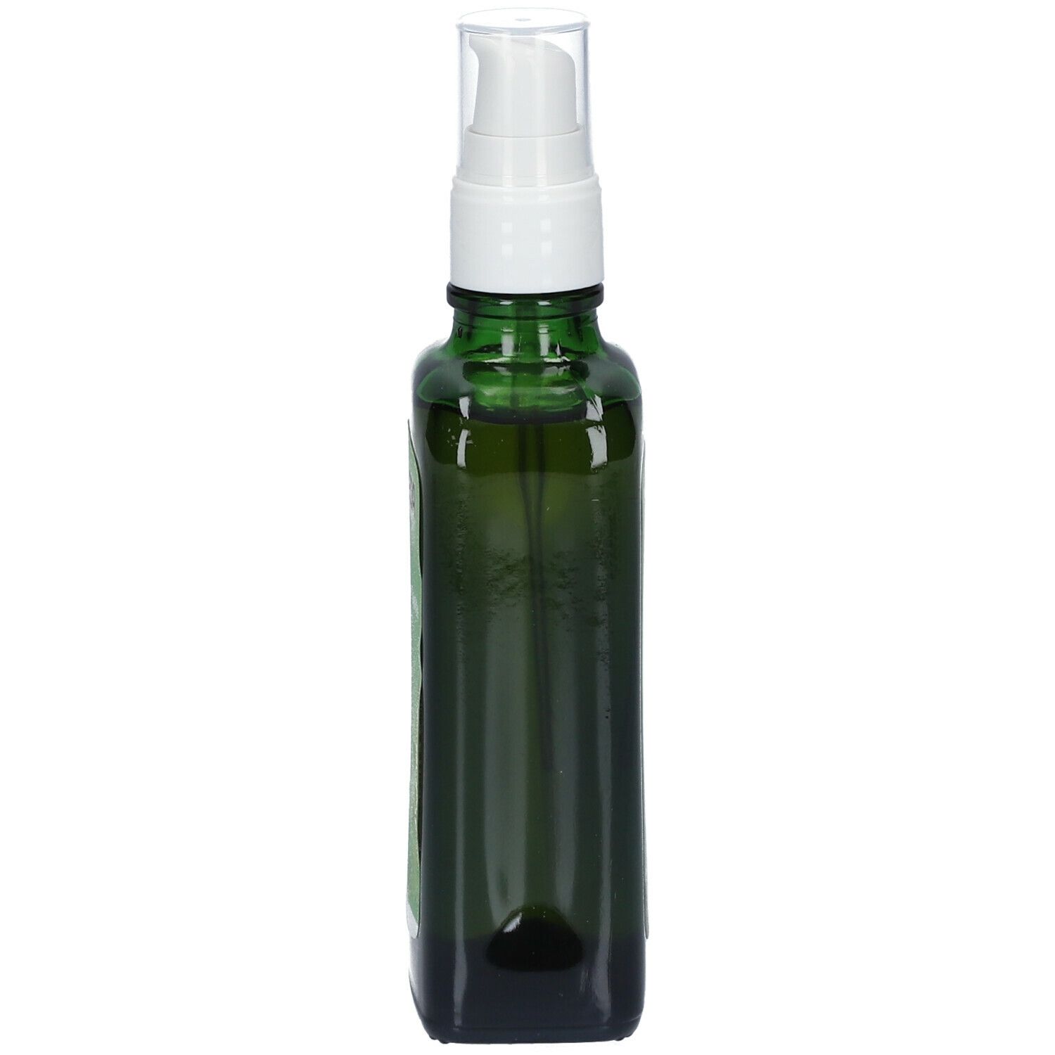 Flacone di vetro verde con vaporizzatore. Nome e logo del prodotto visibili.