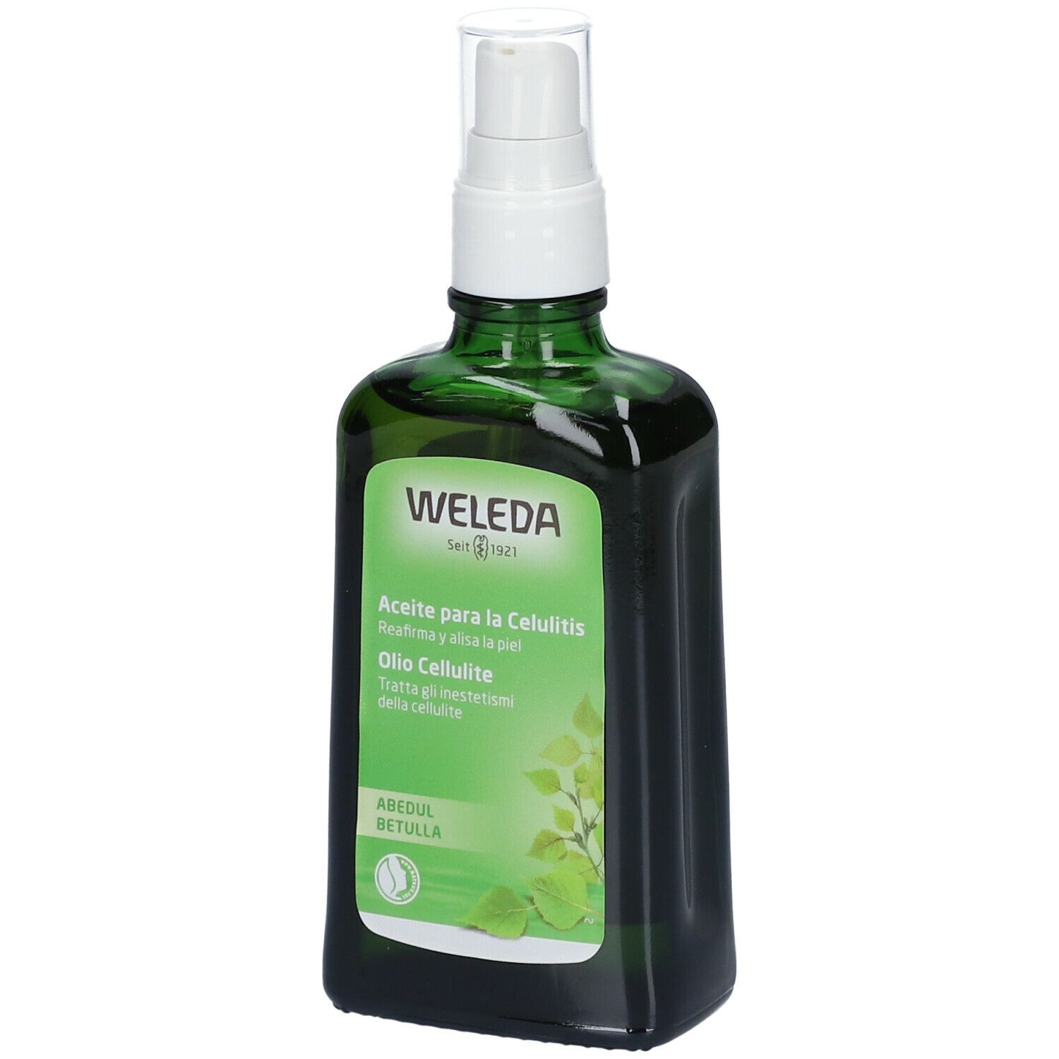 Flacone di vetro verde con vaporizzatore. Nome e logo del prodotto visibili.