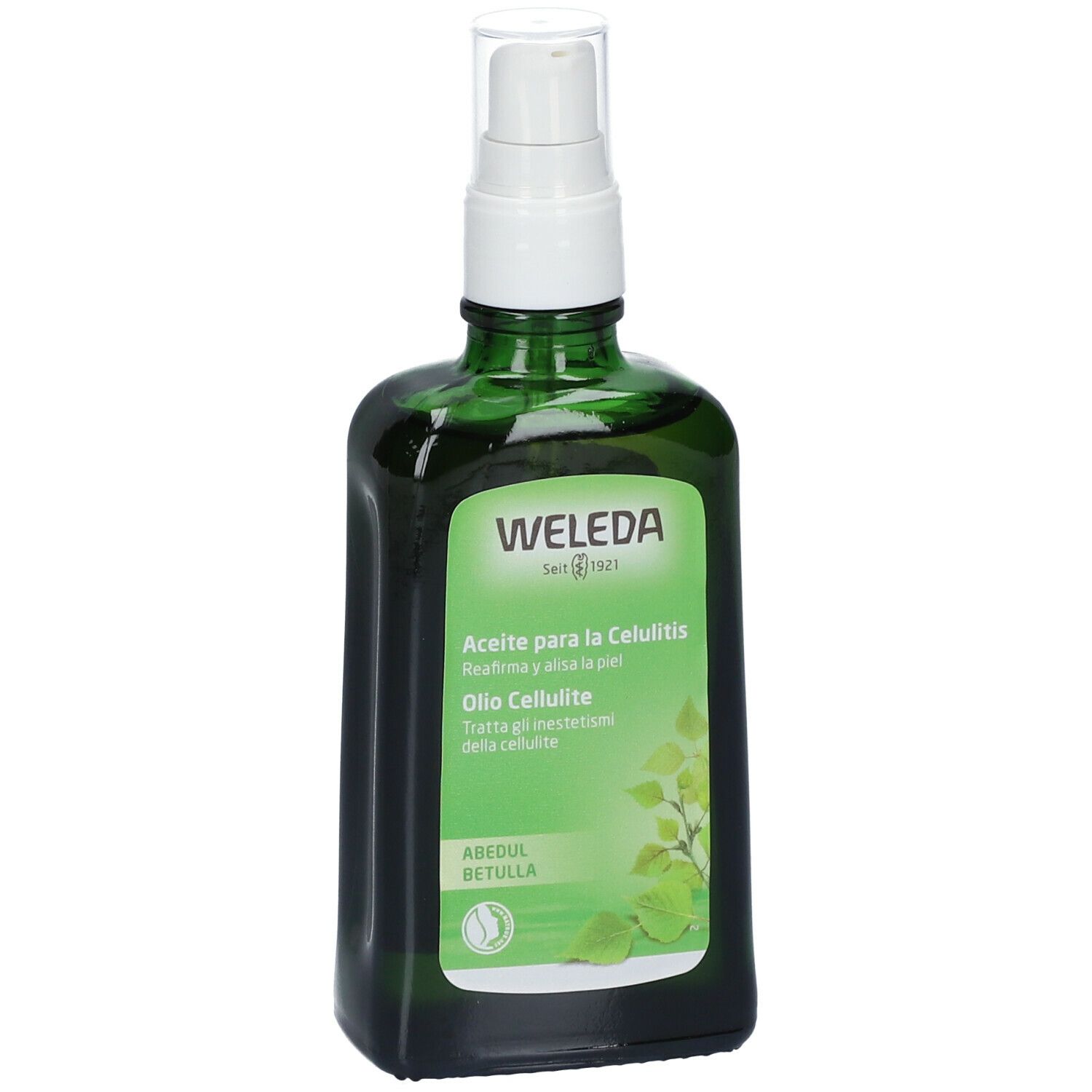 Flacone di vetro verde con vaporizzatore. Nome e logo del prodotto visibili.
