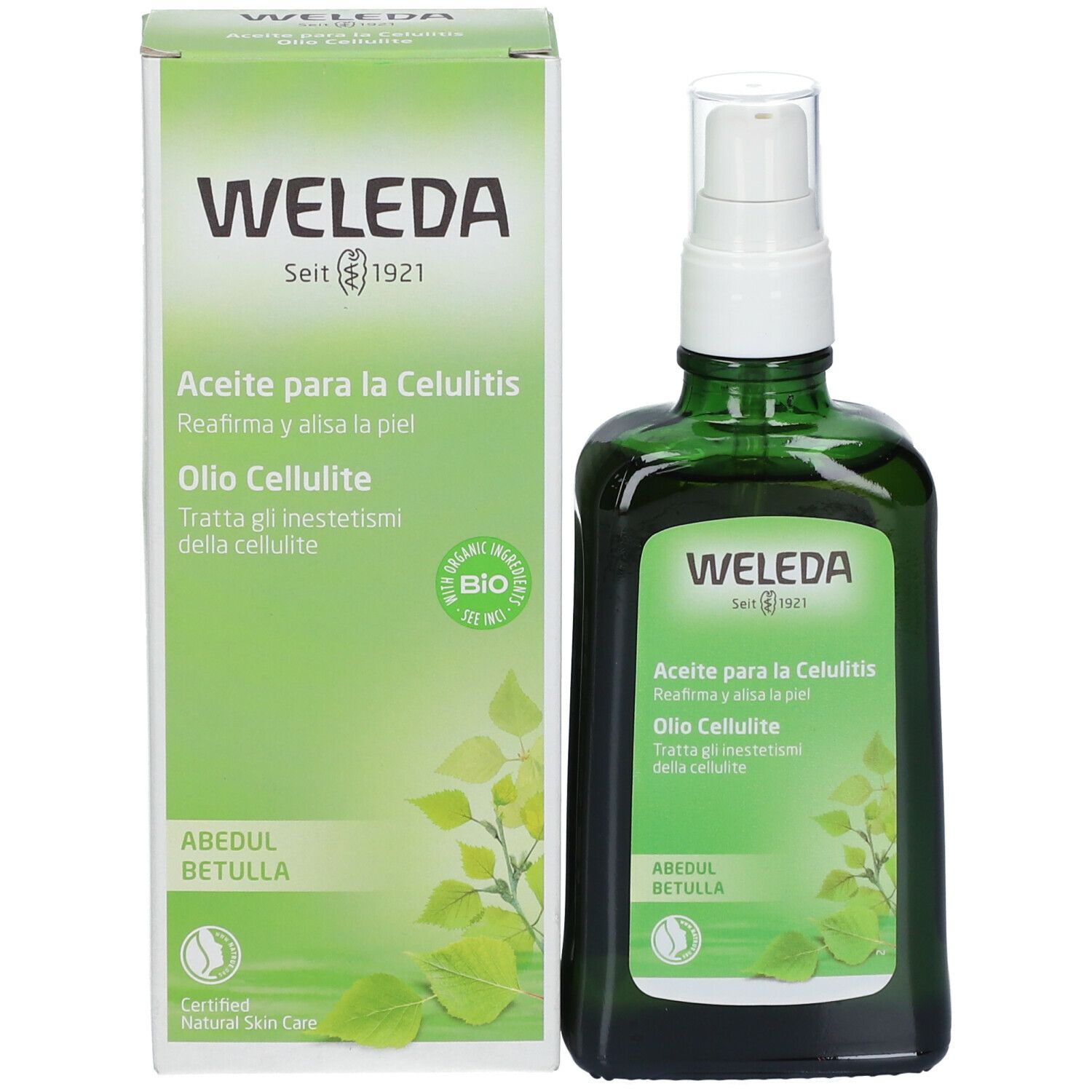 Flacone di vetro verde con vaporizzatore e confezione. Nome e logo del prodotto visibili.