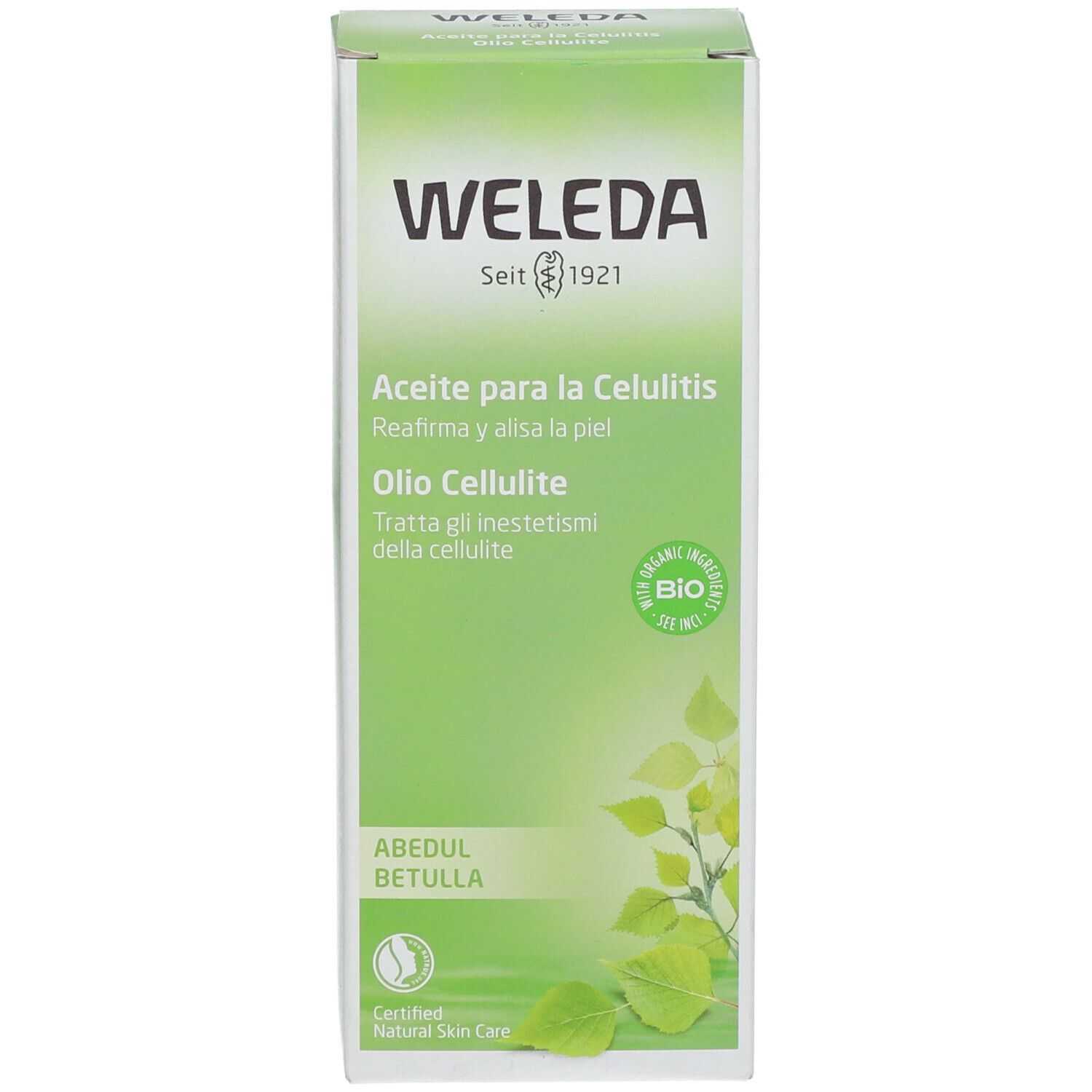 Confezione verde con nome e logo del prodotto. Testo multilingue. Certificazione.