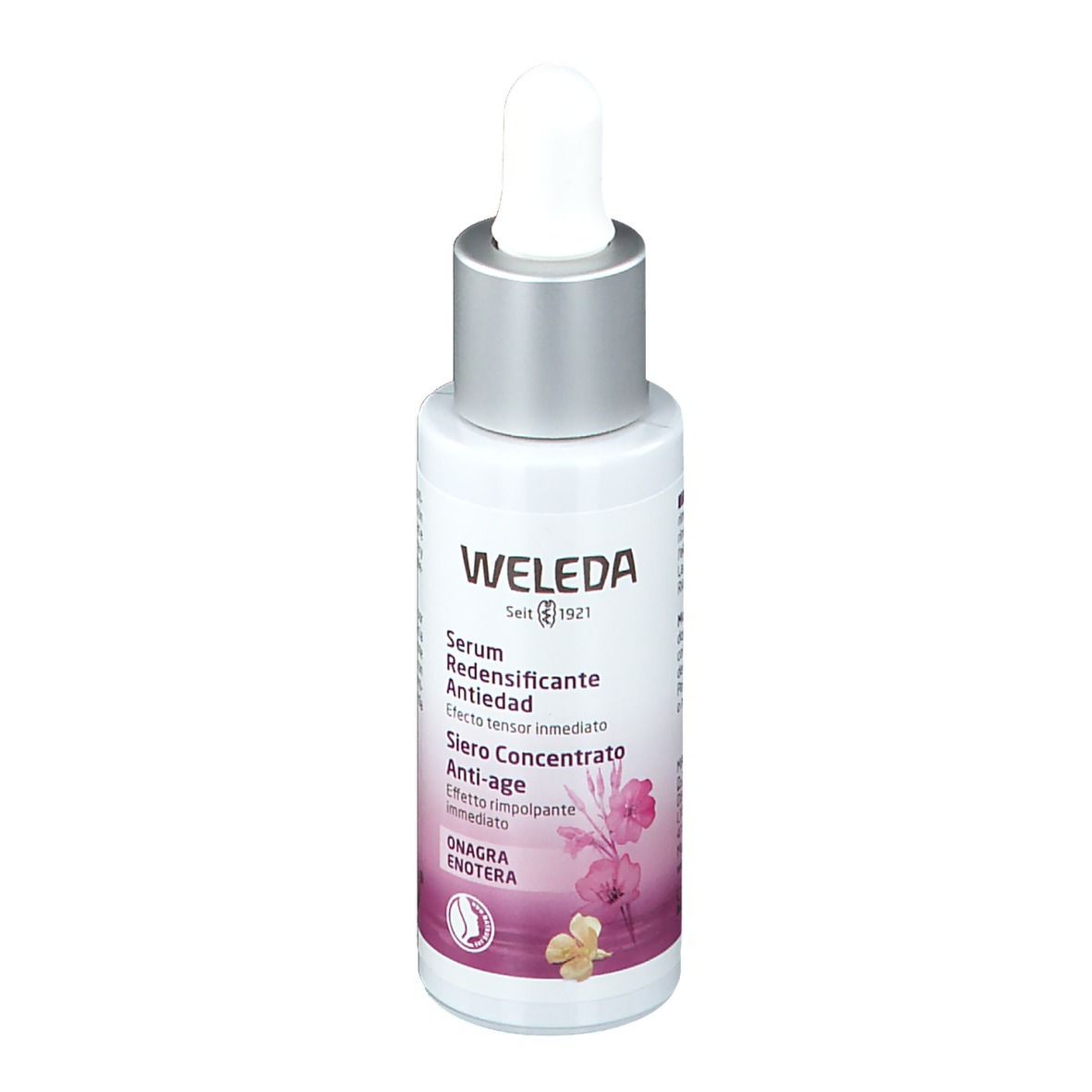 Weleda Serum-Flasche mit Pipette. Text: Serum Redensificante Antiedad, Siero Concentrato Anti-age. Bio-Siegel.