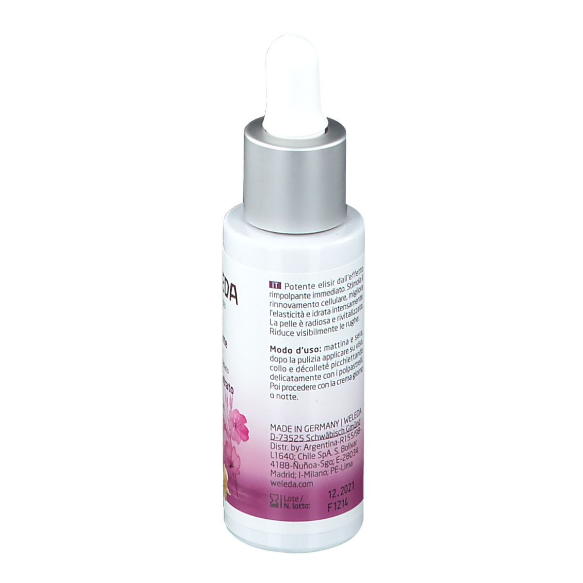 Rückseite der Weleda Serum-Flasche. Text und Informationen. Pipette. 30ml.