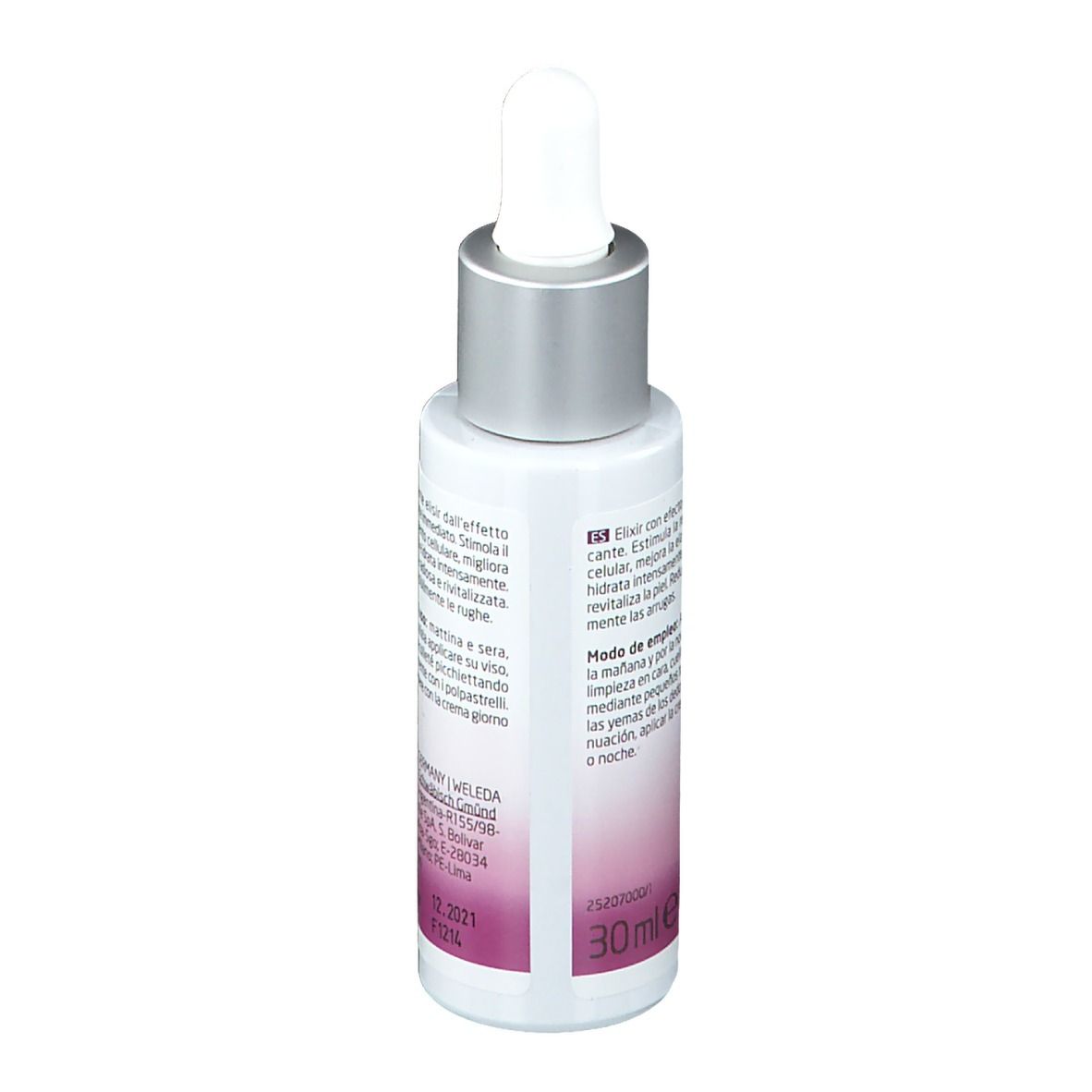 Rückseite der Weleda Serum-Flasche. Text und Informationen. Pipette. 30ml.