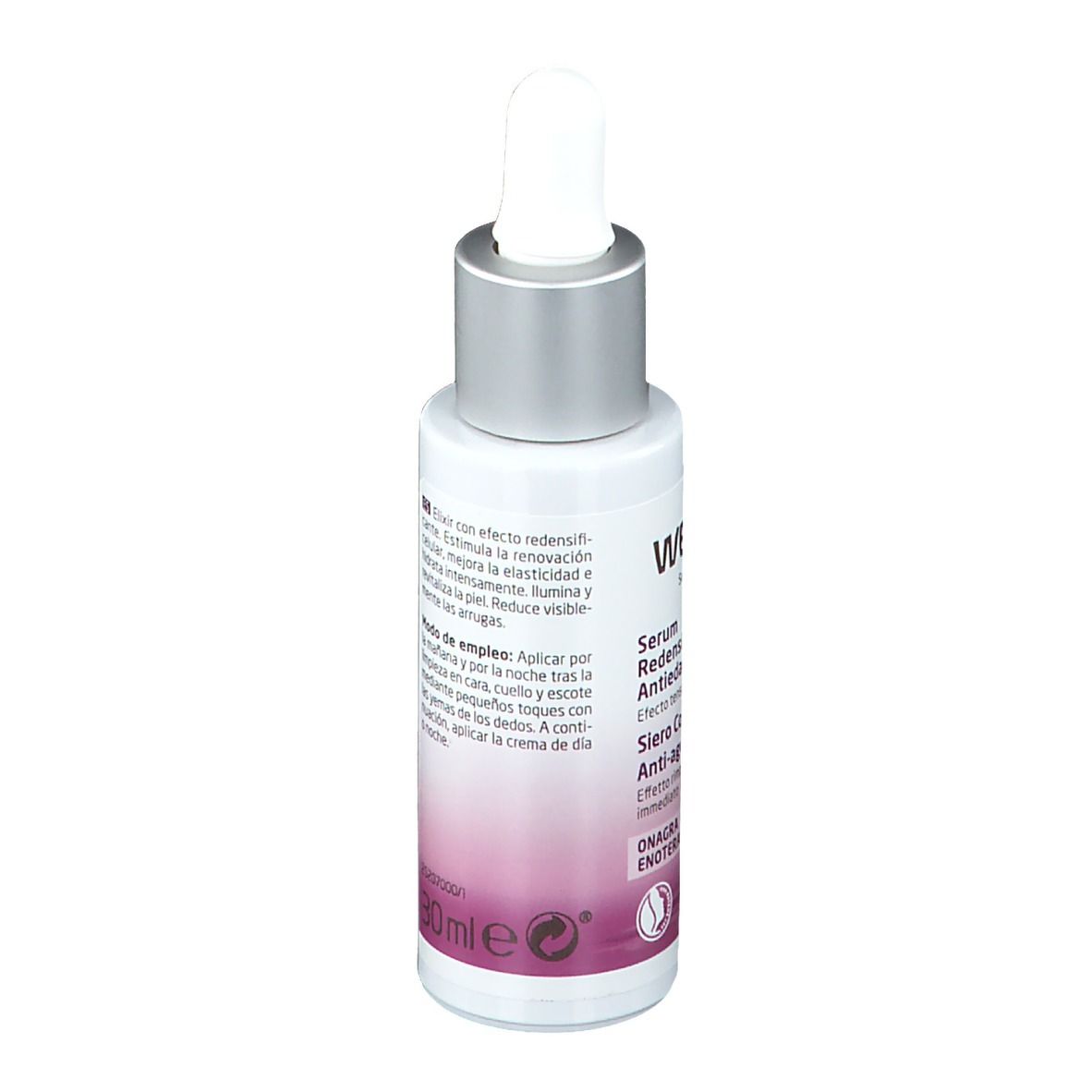 Rückseite der Weleda Serum-Flasche. Text und Informationen. Pipette. 30ml.