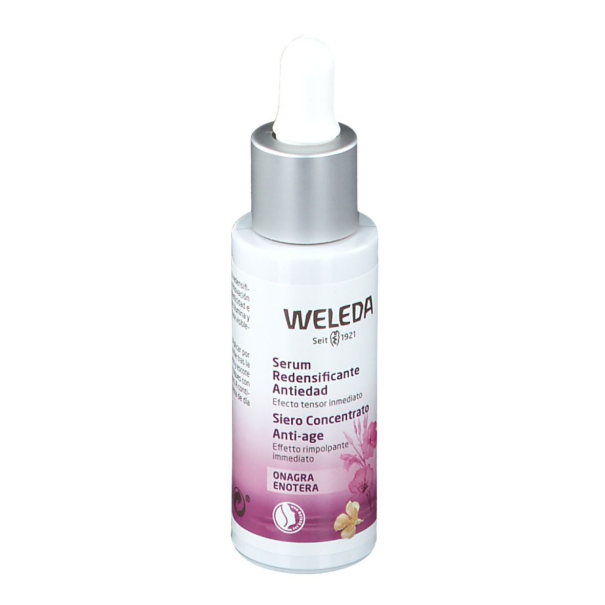 Weleda Serum-Flasche mit Pipette. Text: Serum Redensificante Antiedad, Siero Concentrato Anti-age. Bio-Siegel.
