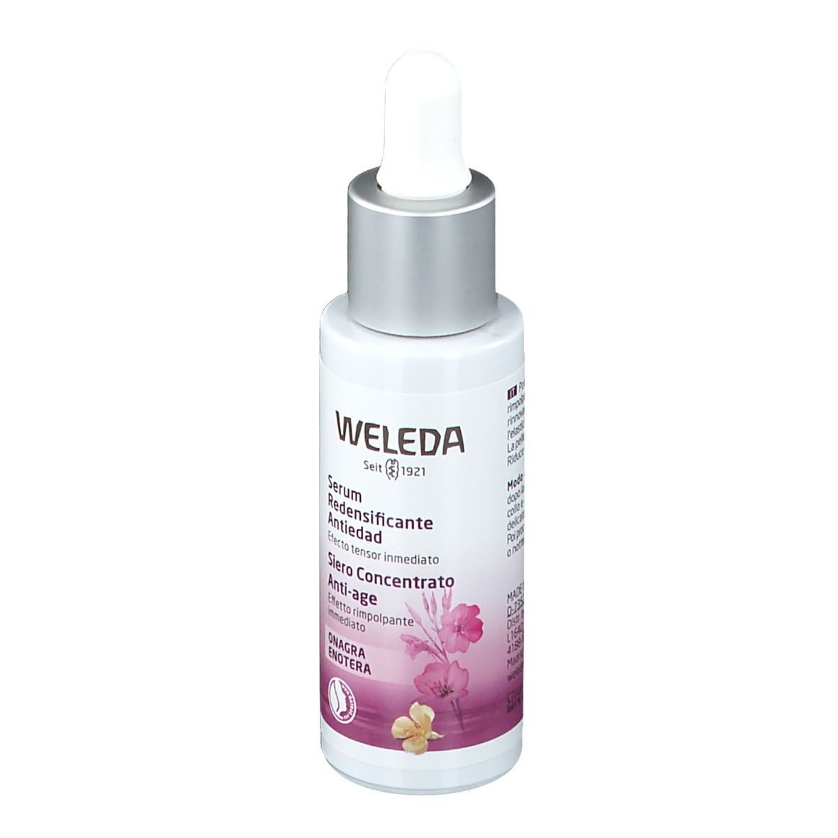 Weleda Serum-Flasche mit Pipette. Text: Serum Redensificante Antiedad, Siero Concentrato Anti-age. Bio-Siegel.