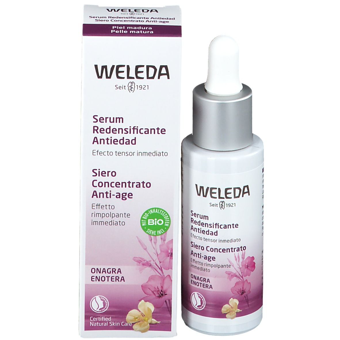 Weleda Serum-Flasche und Verpackung. Text: Serum Redensificante Antiedad, Siero Concentrato Anti-age. Bio-Siegel.