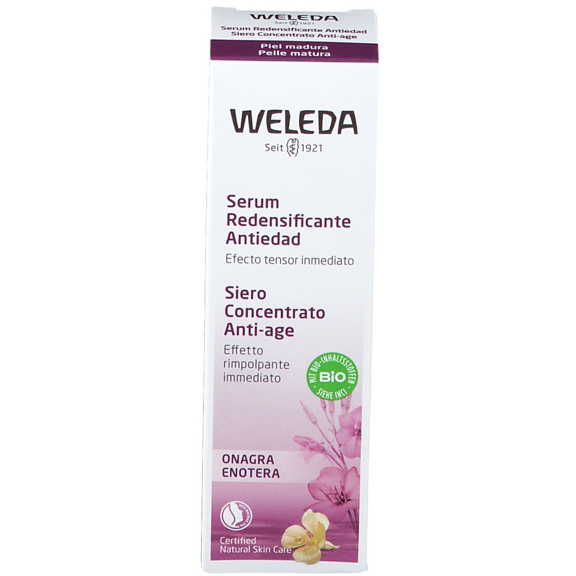Weleda Serum-Verpackung. Text: Serum Redensificante Antiedad, Siero Concentrato Anti-age. Bio-Siegel. Zertifiziert.