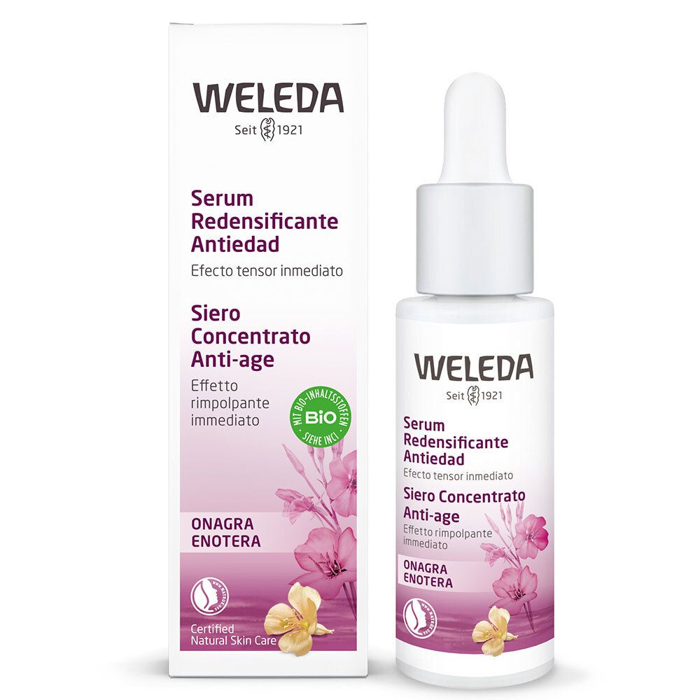 Weleda Serum-Flasche und Verpackung. Flasche mit Pipette. Text: Serum Redensificante Antiedad, Siero Concentrato Anti-age.