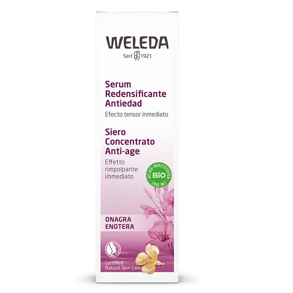 Weleda Serum-Verpackung. Text: Serum Redensificante Antiedad, Siero Concentrato Anti-age. Bio-Siegel. Zertifiziert.