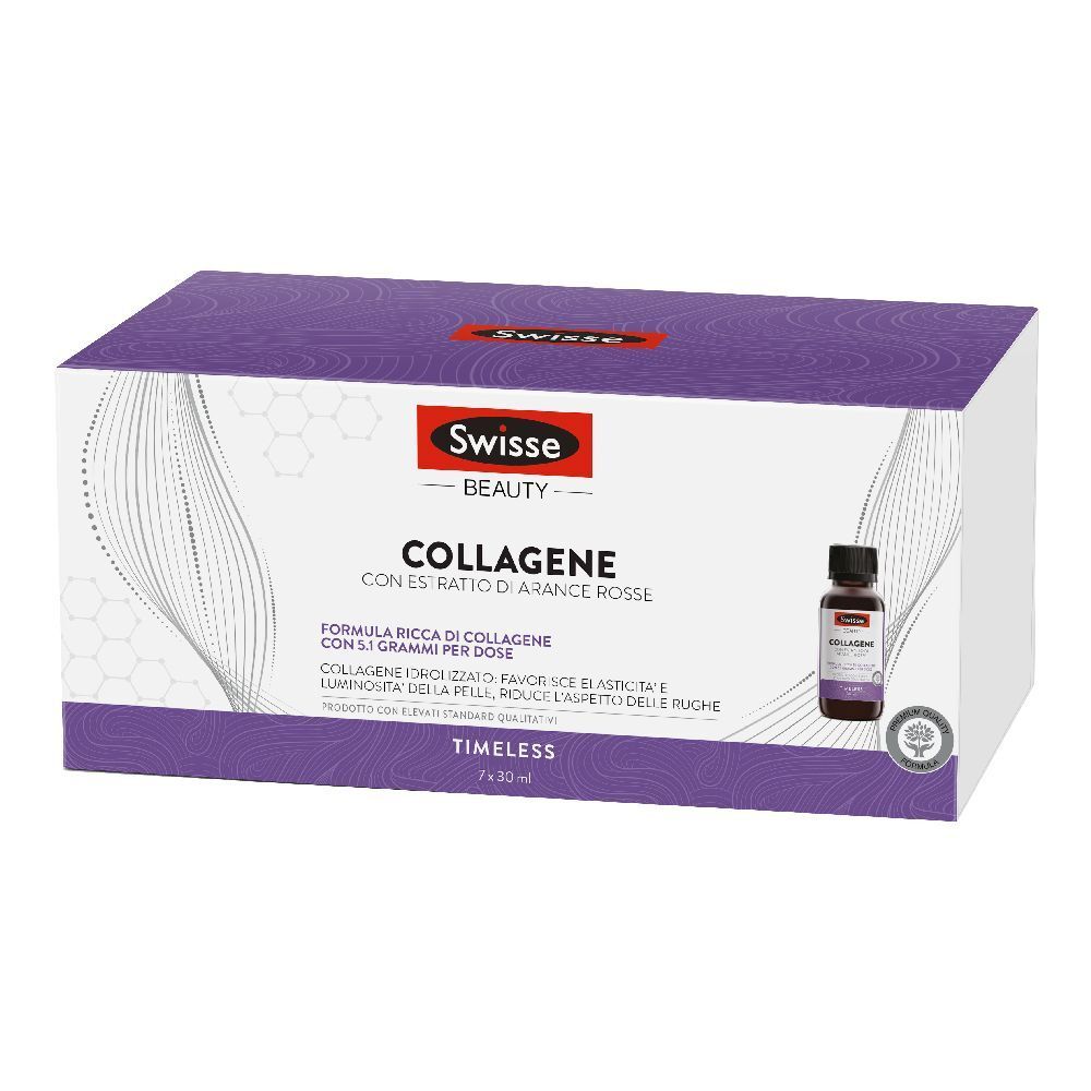 Confezione di Swisse Collagene con estratto di arancia rossa. Scatola bianca con coperchio viola e immagine del prodotto.