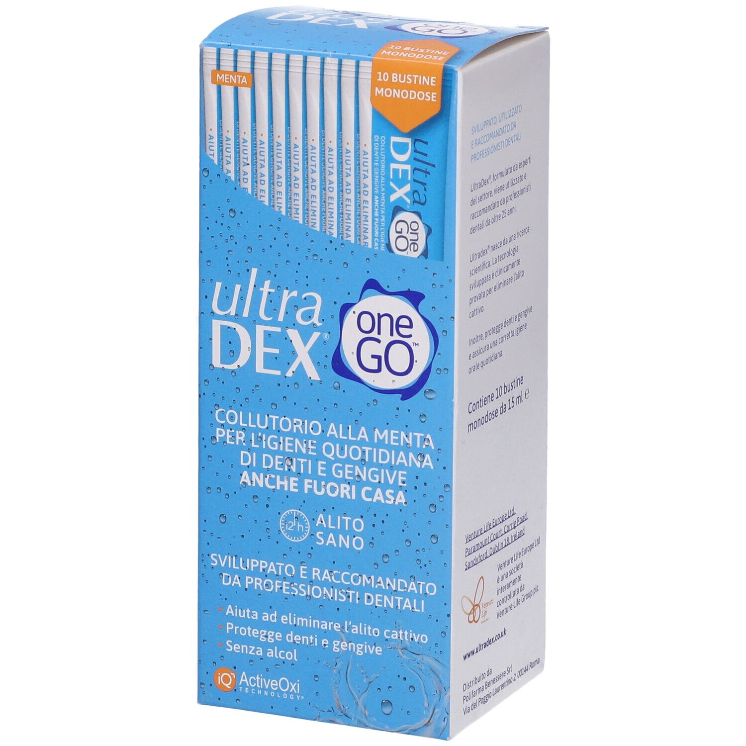 Verpackung mit 10 einzeln verpackten UltraDEX Mundspülungsbeuteln, Minzgeschmack.