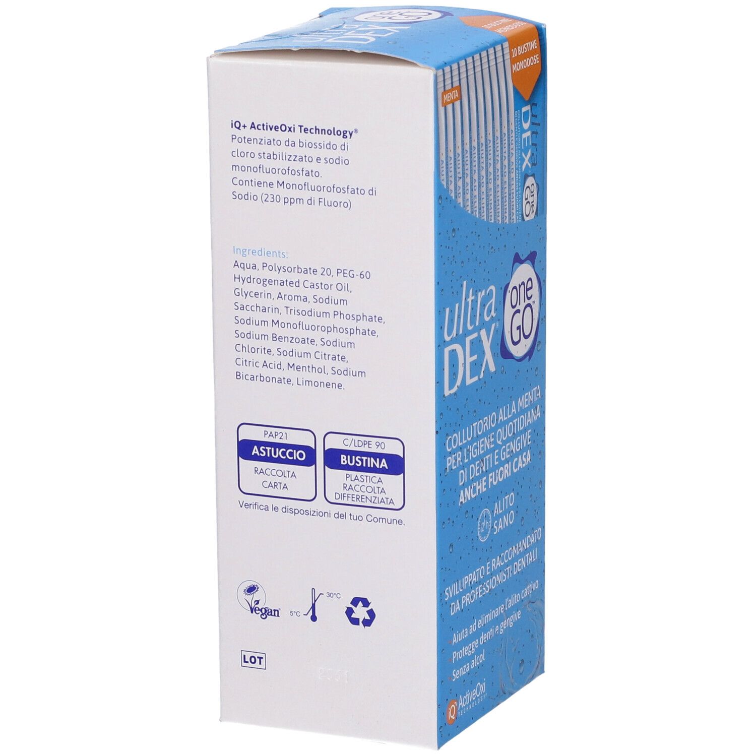 Verpackung für Mundspülung mit 'ultra one DEX' Aufdruck, Inhaltsstoffe und Anwendungshinweise sichtbar.