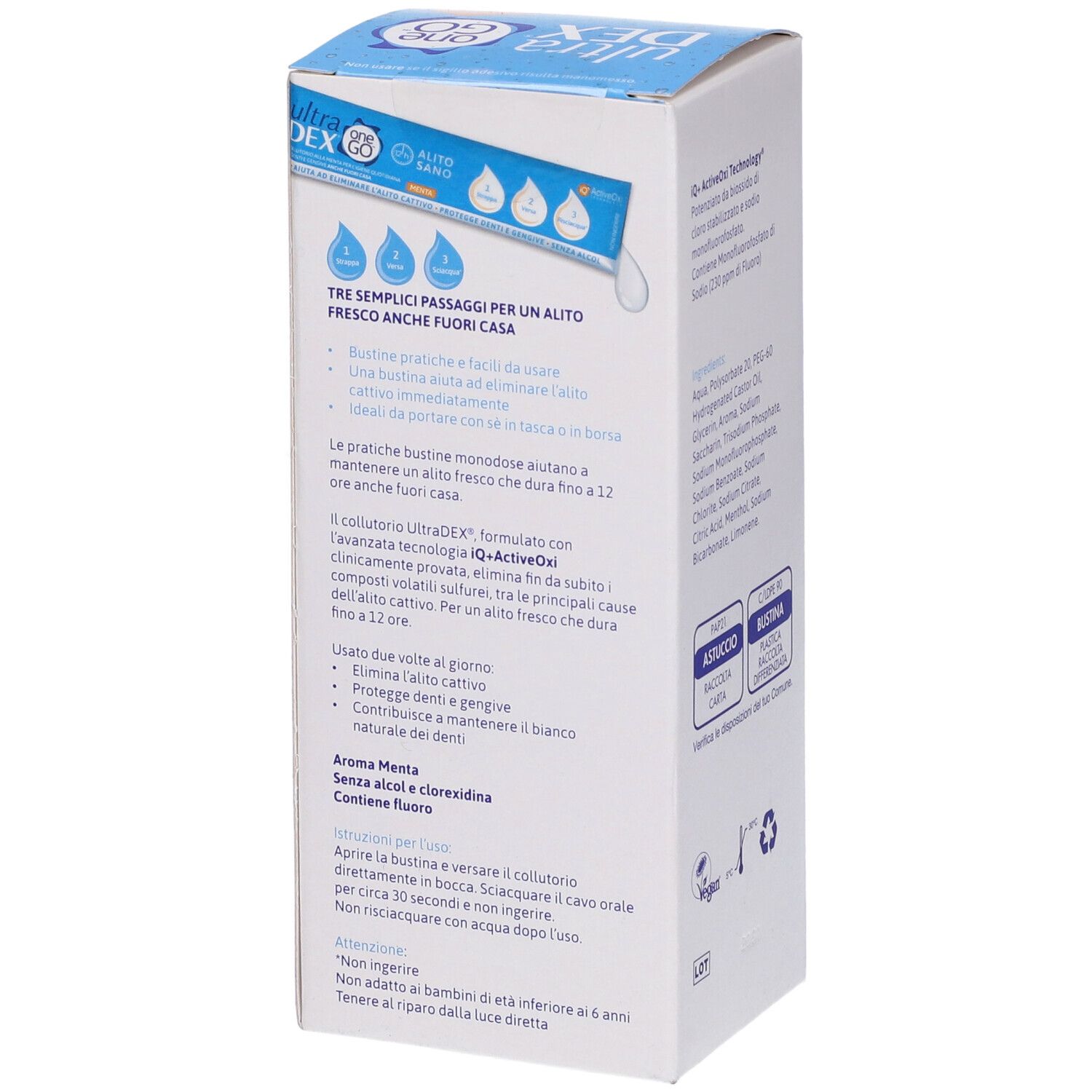 Verpackung für UltraDEX Mundspülung mit Anweisungen und Inhaltsstoffen.