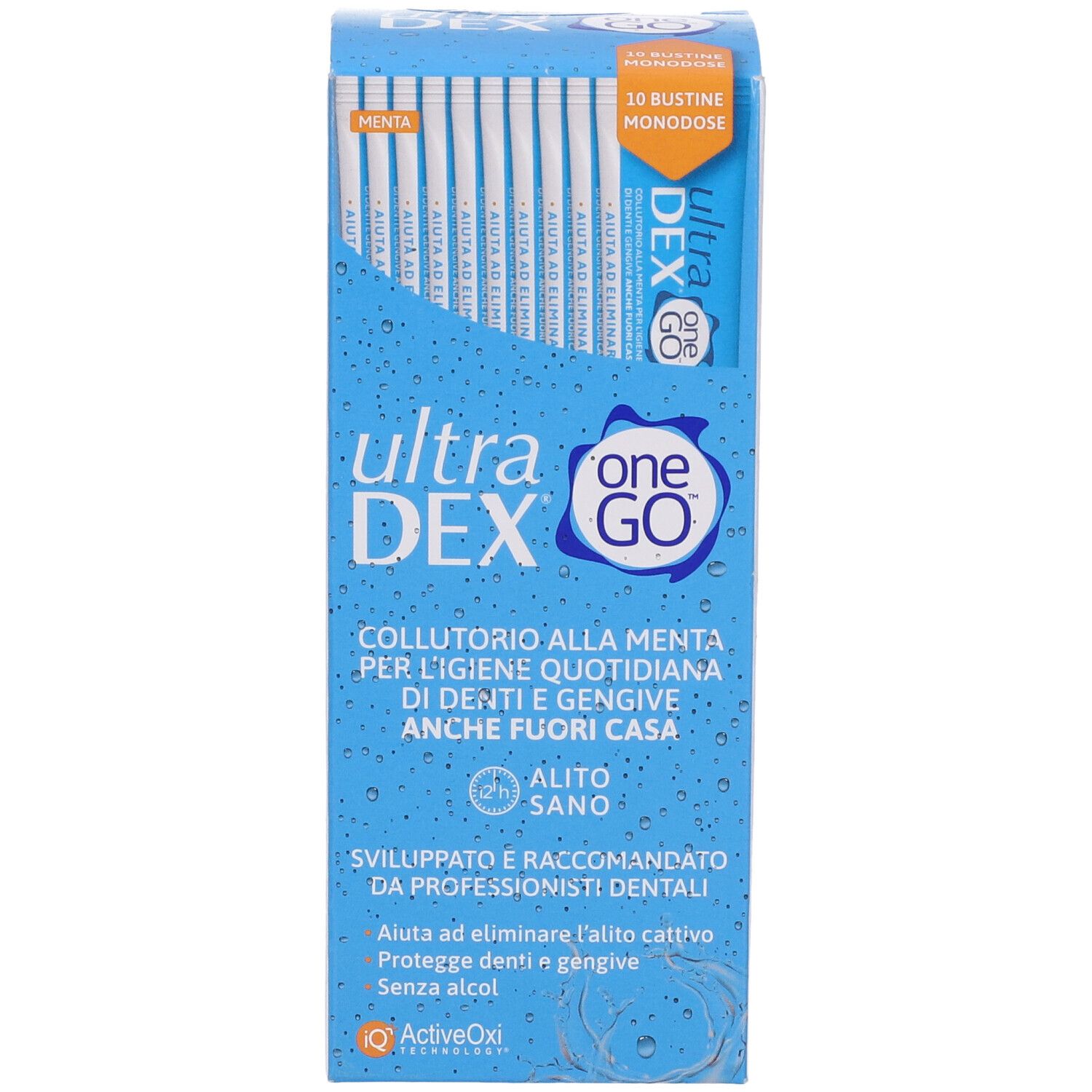 Verpackung für Ultra DEX One Go Mundspülung, 10 Einzeldosis-Beutel, Minzgeschmack.